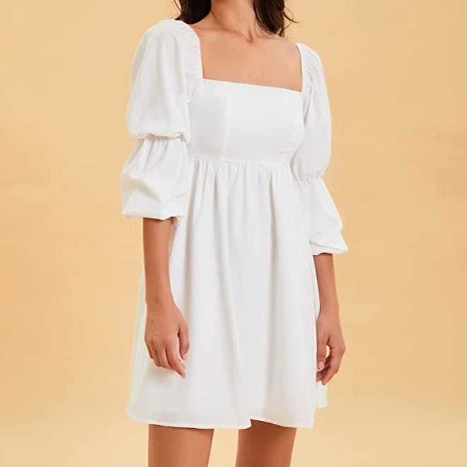 EXLURA Square Neck Puff Sleeve Mini Dress