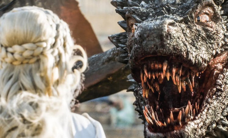 Drogon briefly roars at his mother, Daenerys Targaryen (Emilia Clarke), in “The Dance of Dragons.”