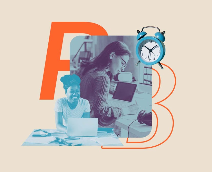 A collage of two women working with laptops and a turquoise analog alarm clock.