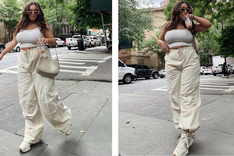 Fashion writer Bella Gerard wears the viral Jaded London parachute pants