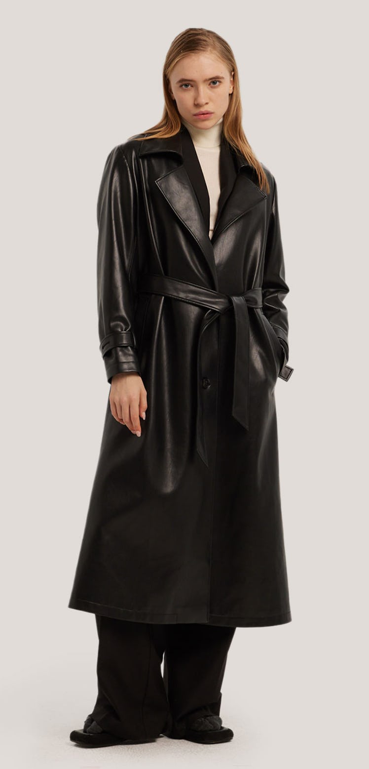Belted Vegan-Leather Trench Jacket