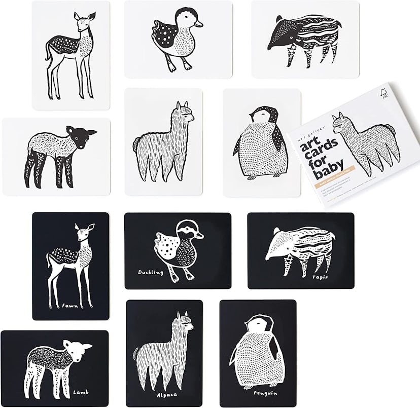 This black and white flash card set is a newborn toy with stimulating high-contrast colors. 