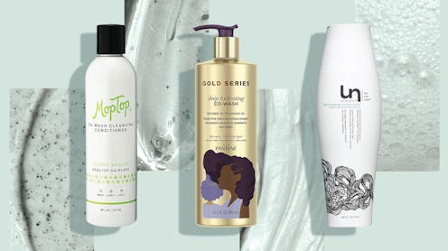 Three of the best co-washes for fine hair on a mint-colored, textured background.