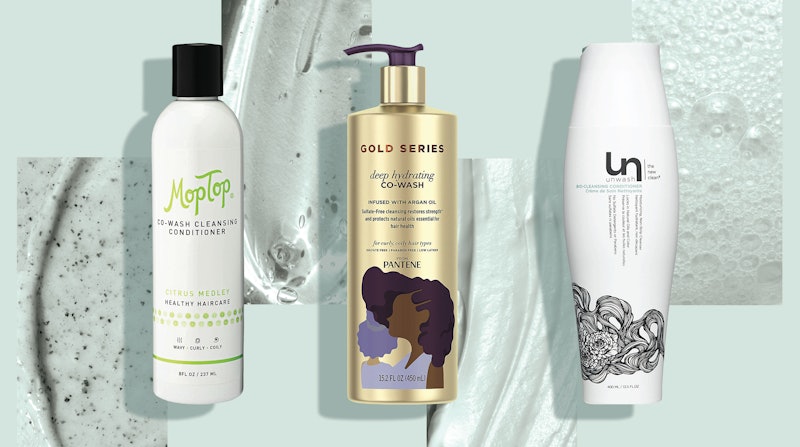 Three of the best co-washes for fine hair on a mint-colored, textured background.