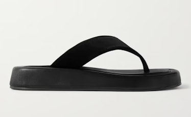 Black Ginza Leather And Velvet Platform Flip Flops