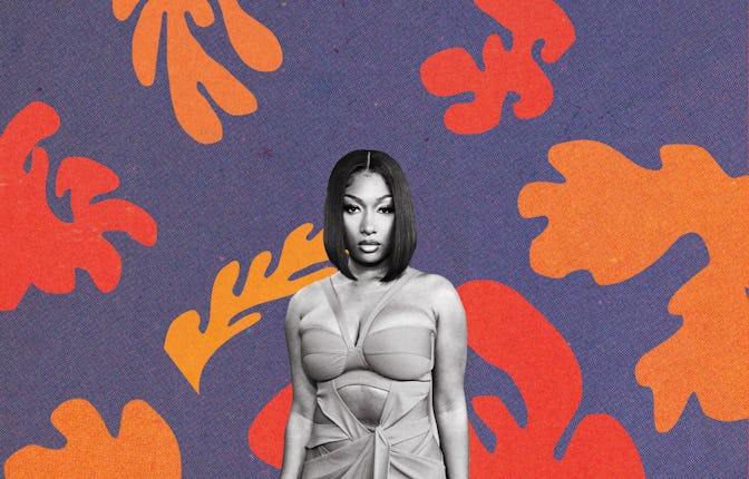 Meghan Thee Stallion with short hair in a strappy dress, on a blue background with orange leaves