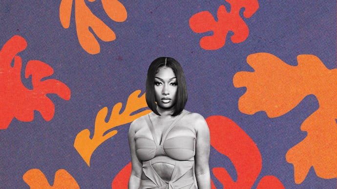 Meghan Thee Stallion with short hair in a strappy dress, on a blue background with orange leaves