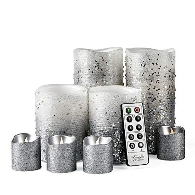 Furora LIGHTING Silver Flameless Candles with Remote Control, Pack of 8 Real Wax LED Candles Battery…