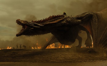 Daenerys Targaryen (Emilia Clarke) sits on the back of her dragon Drogon in “The Spoils of War.