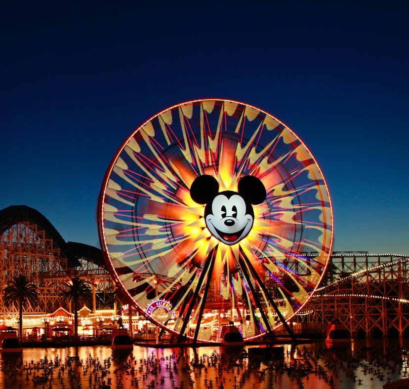 Mickey's Fun Wheel and the California Screamin' roller coaster are seen at dusk at Disney California...