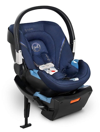 Black and blue infant car seat for compact and subcompact cars