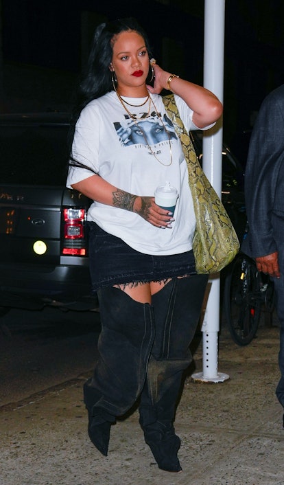 Rihanna Pairs Streetwear With Dark Denim Thigh-High Boots in NYC