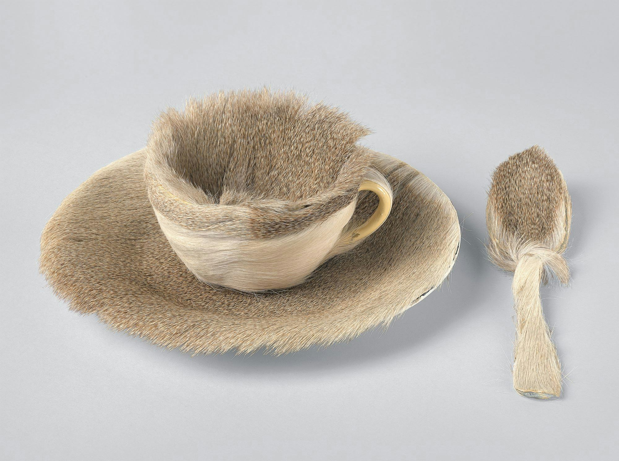Meret Oppenheim's iconic fur-covered teacup, saucer, and spoon