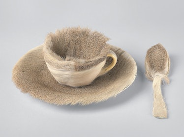 Meret Oppenheim's iconic fur-covered teacup, saucer, and spoon