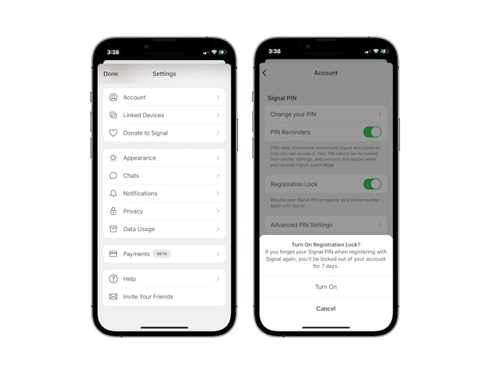 Screenshot of Registration Lock settings menu in Signal app for iPhone.