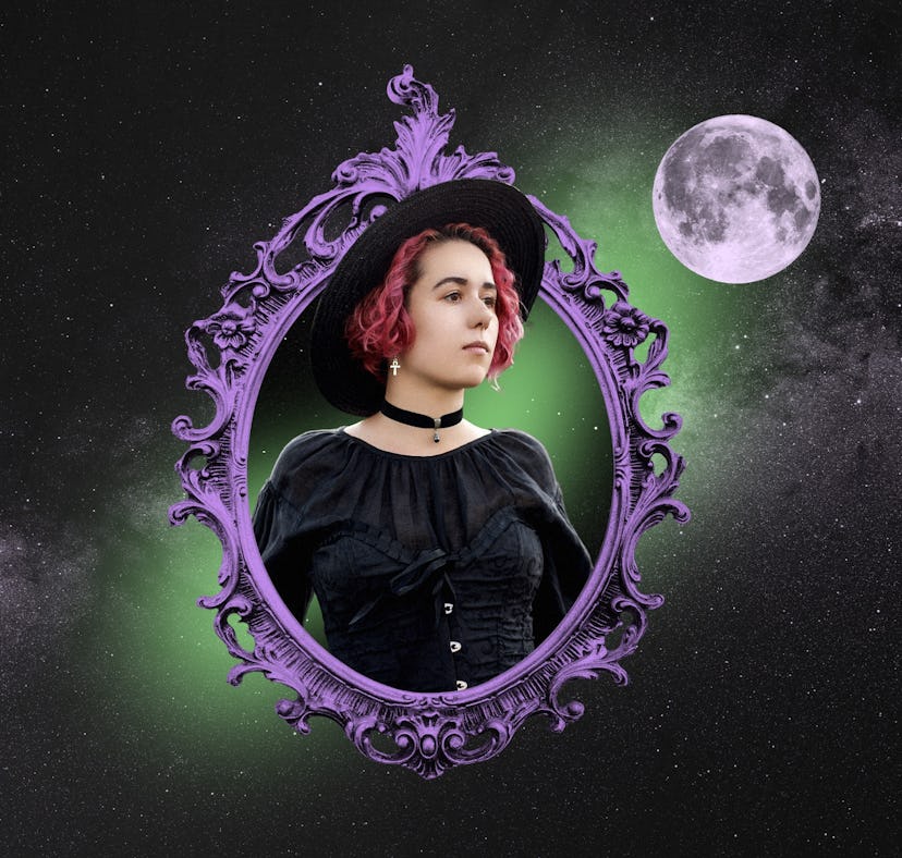 Young woman in costume reading her Halloween 2022 horoscope.