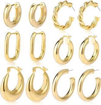 17KM Gold Chunky Hoop Earrings Set (6-Pair)