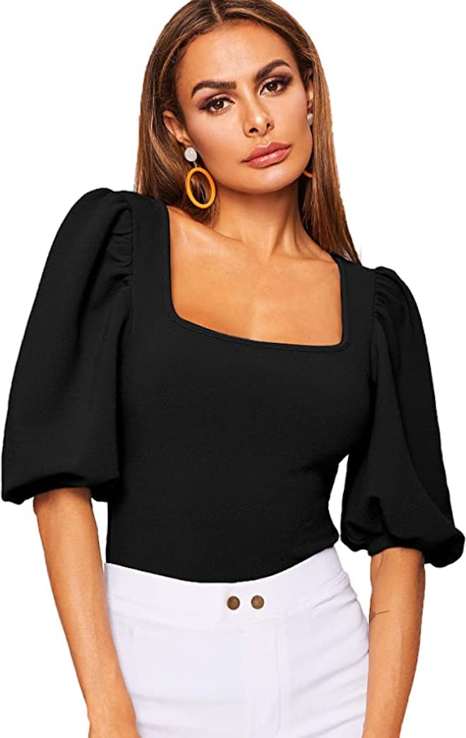 Romwe Puff Sleeve Square Neck Top