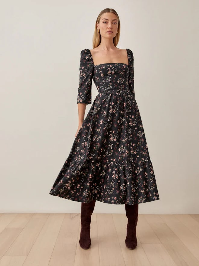 Reformation black floral midi dress