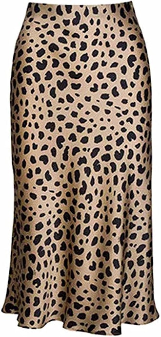 Keasmto Satin Midi Leopard Skirt