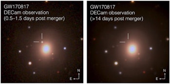 a comparison between two images showing a large object disappearing in a far off galaxy