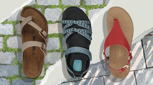 Designed image of an overhead view of three pairs of the best supportive sandals.