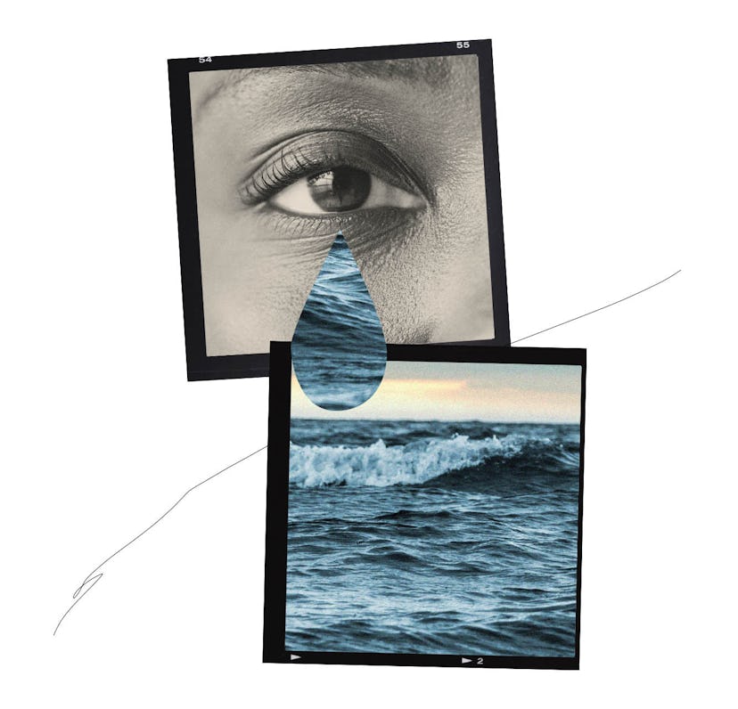 Woman with a tear falling into the ocean labeled emotional or neurotic.