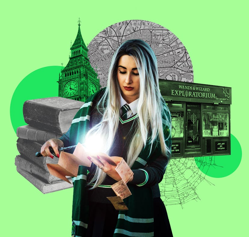 A woman dressed in a wizard costume casts a spell from a wand, with London's Big Ben and magical ima...