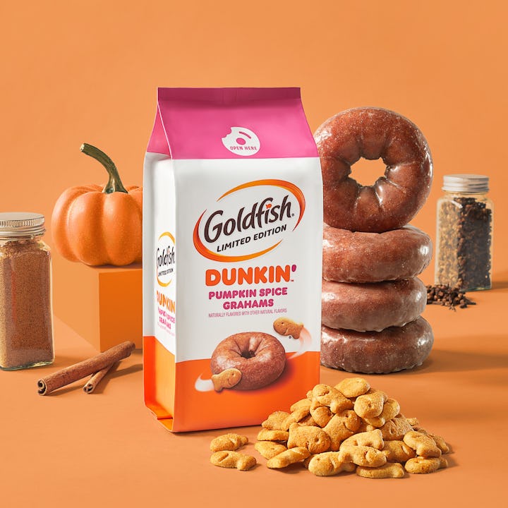 Dunkin' & Goldfish snack surrounded by cinnamon, pumpkin, and donuts 