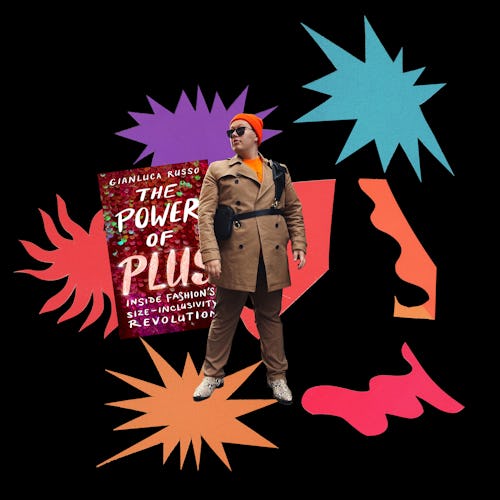 Composite image of 'The Power of Plus' book cover and author Gianluca Russo on a colorful backdrop