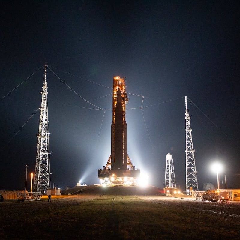 NASA’s Space Launch System (SLS) rocket with the Orion spacecraft aboard is seen atop the mobile lau...