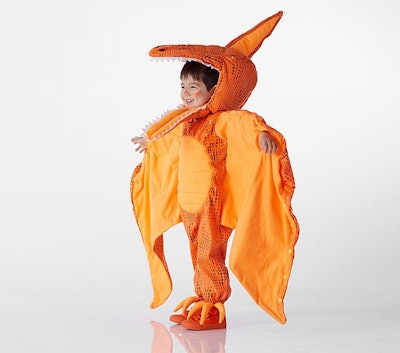 A toddler in an orange light-up pterodactyl halloween costume in an article about pottery barn hallo...