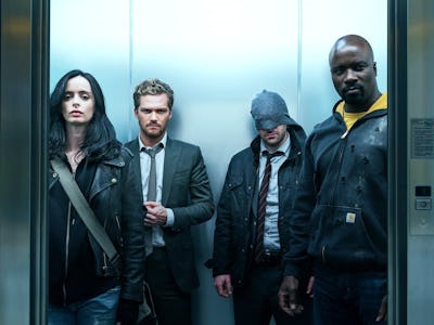 Jessica Jones, Finn Jones, Matt Murdock, and and Mike Colter in 'The Defenders'