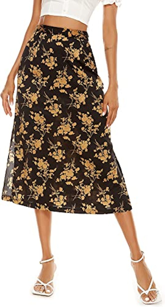LYANER Women's Casual Print Side Split High Waist Midi Skirt