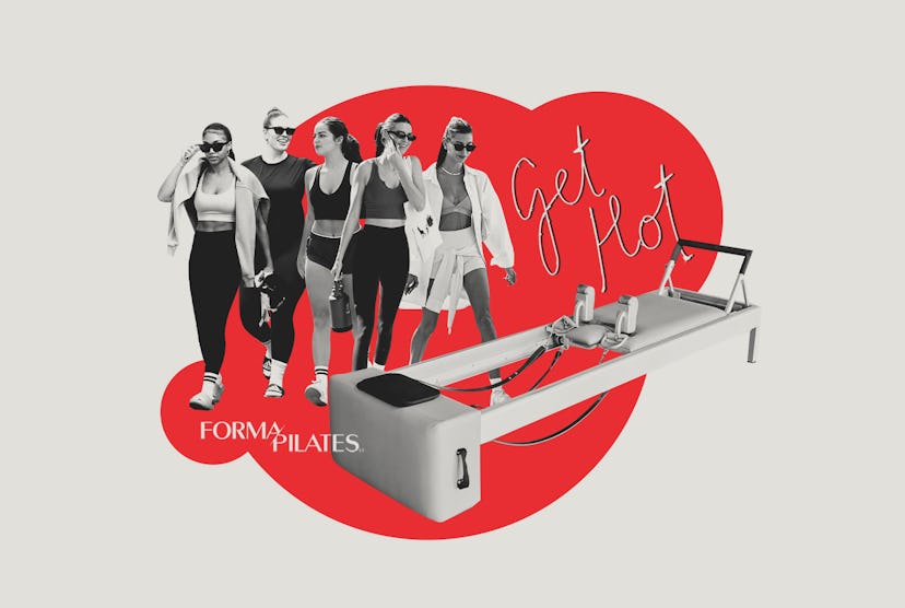 A collage with 5 women in gymwear next to a pilates reformer machine and the text 'Get Hot' in black...