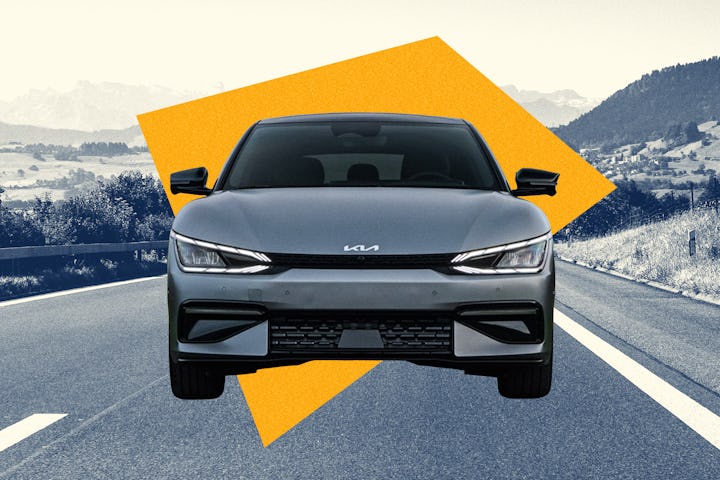 A collage of the Kia EV6 on the street with and orange geometrical shape