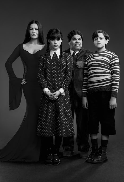  Catherine Zeta-Jones, Luis Guzmán, Jenna Ortega, and Isaac Ordonez as the Addams family in 'Wednesd...