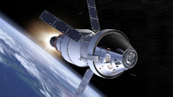 A computer rendering of Orion in flight. The spacecraft has 4 rectangular solar panels sticking out ...