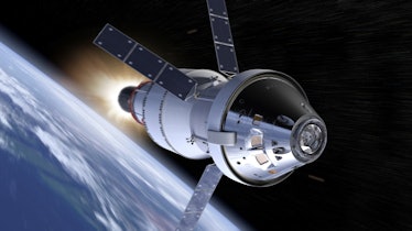 A computer rendering of Orion in flight. The spacecraft has 4 rectangular solar panels sticking out ...