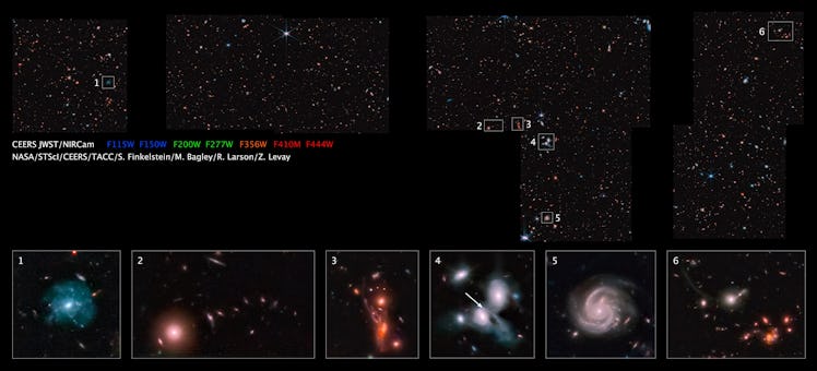 a wide span of galaxies on a dark backdrop with five in particular drawn out