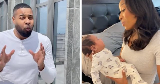 A news anchor couple has gone viral for turning their baby care routine into a broadcast. 