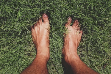 光着脚，脚趾上长着毛，站在草地上。