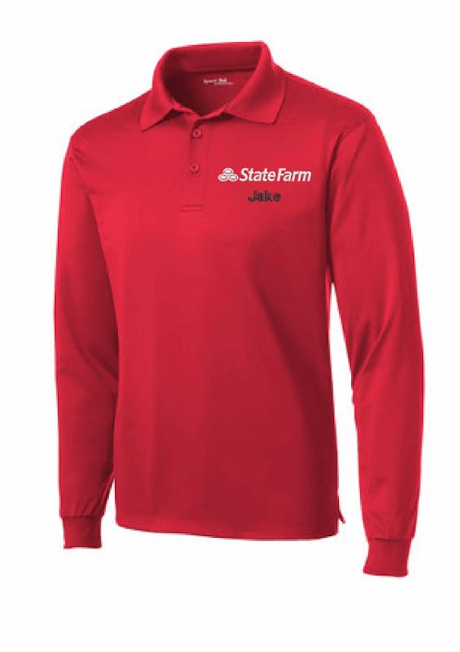 A red "Jake from State Farm" polo shirt is one funny Halloween costume for men.