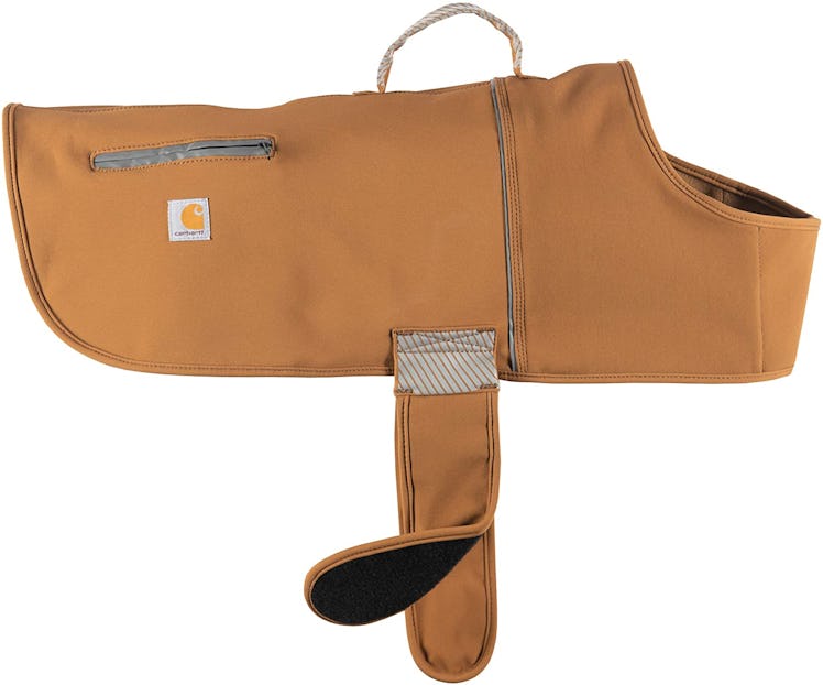 This waterproof dog coat is made of nylon canvas with a warm fleece lining.