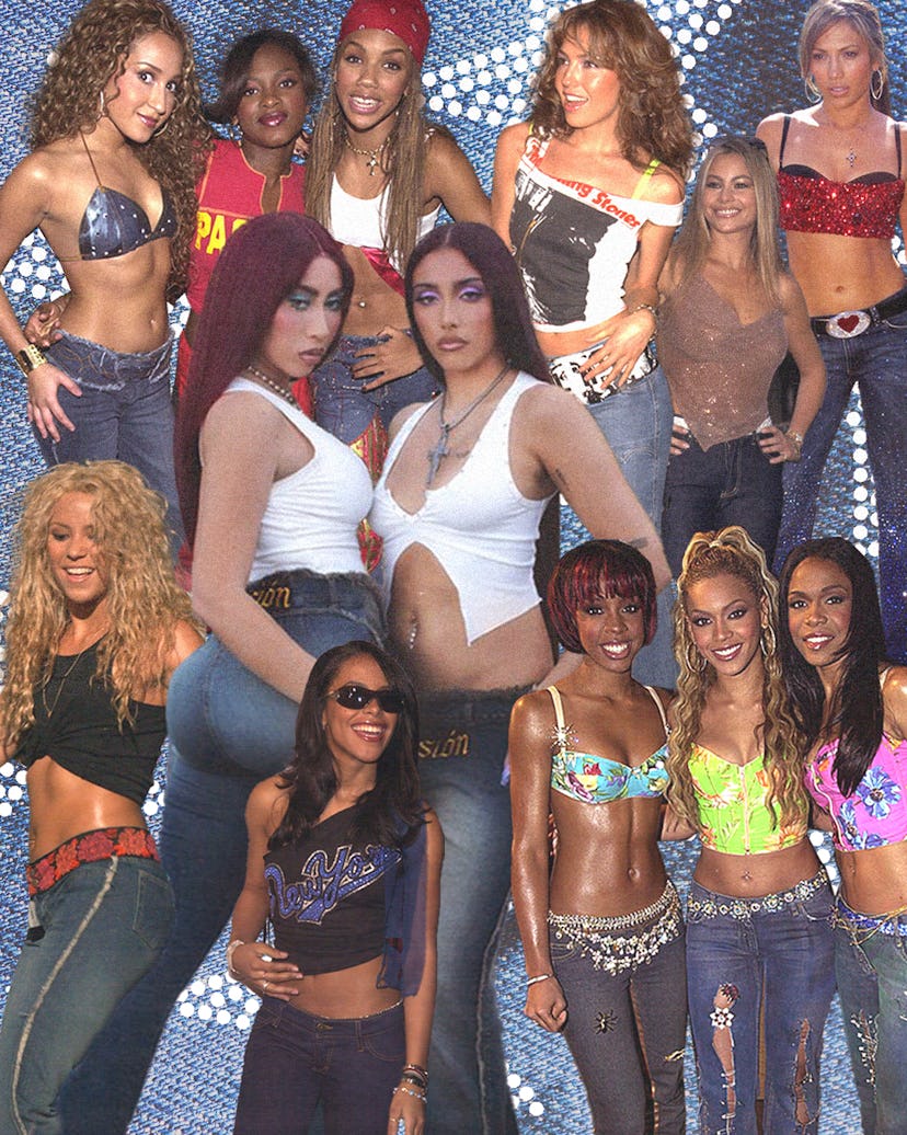 A collage of people wearing Colombian Blue Jeans throughout the late 90's into the early 2000's