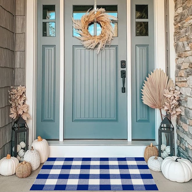 MUBIN Cotton Blue & White Plaid Door Mat