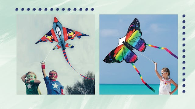 Kids having a lot of fun with colorful plane and butterfly kites