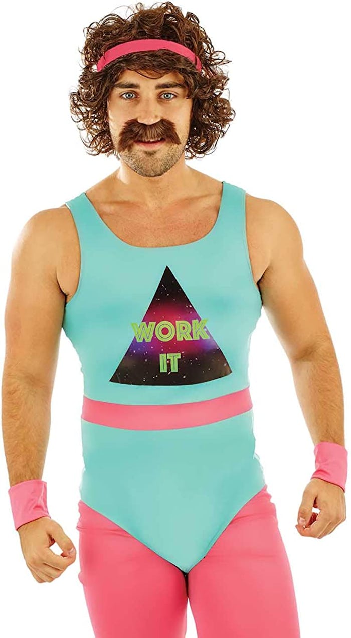 A man wearing an 80s workout gear funny men's Halloween costume with a turquoise leotard, pink leggi...