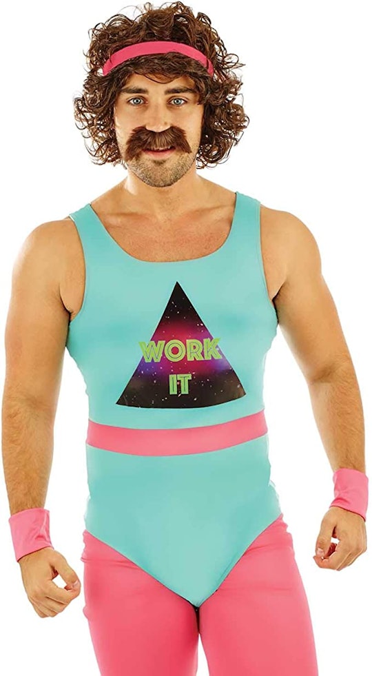 A man wearing an 80s workout gear funny men's Halloween costume with a turquoise leotard, pink leggi...