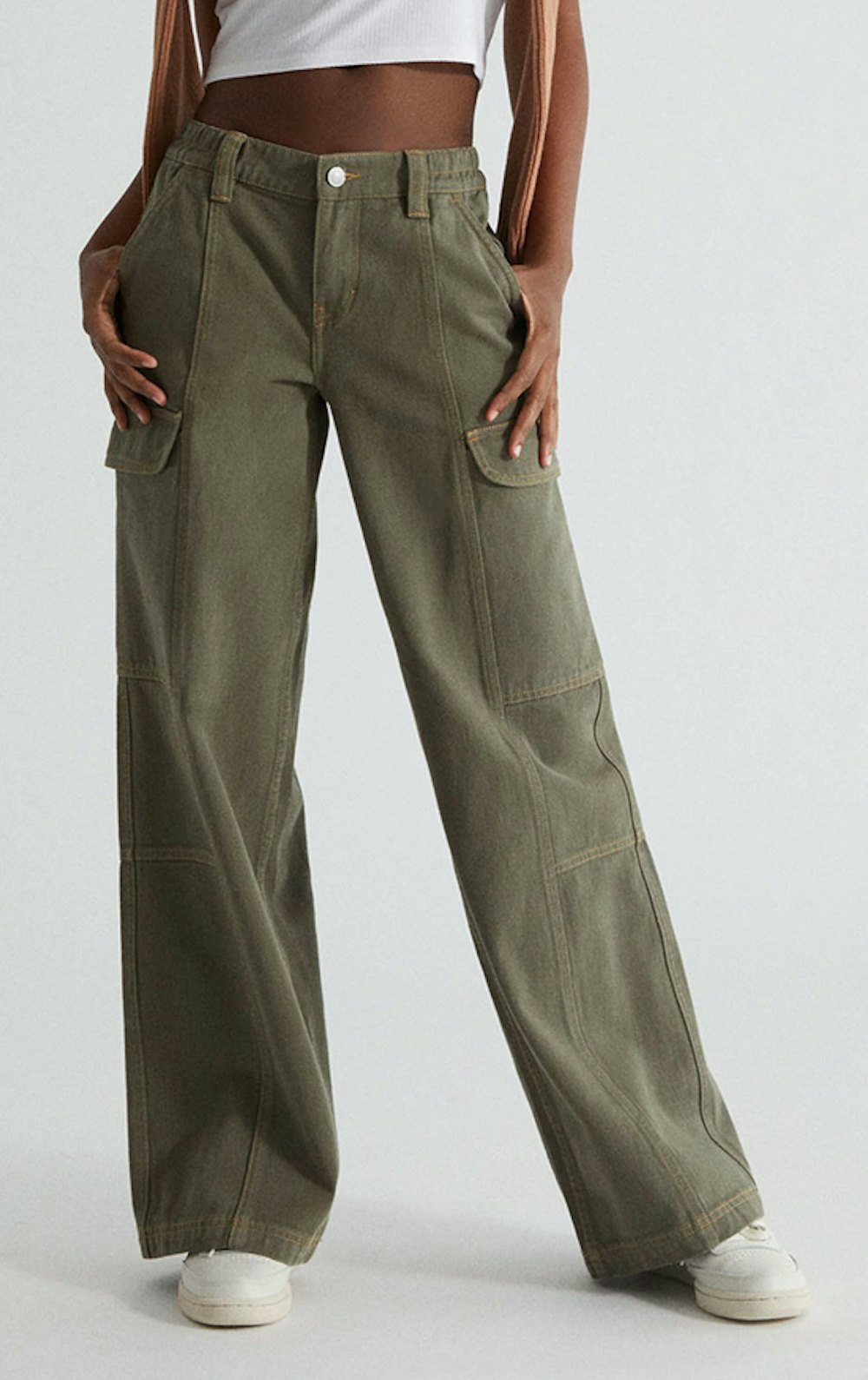 Olive Low Rise Puddle Cargo Pants